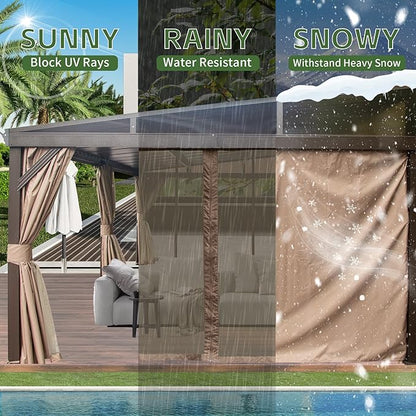 12’ x 20’ Lean to Gazebo, Outdoor Wall Mounted Gazebo Aluminum Frame, Hardtop Pergola with Galvanized Steel Sloping Roof for Patio Deck Garden Backyard, Curtain and Netting Included