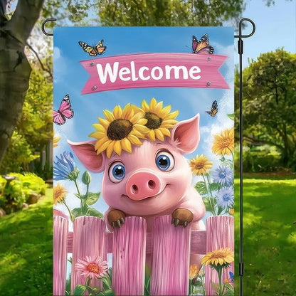 Spring Garden Flag 12x18 Inch Double Sided Outdoor Decoration Flags Welcome Pig with Sunflowers Colorful Floral and Butterflies Yard Banner for Spring or Summer