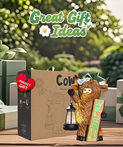 Nacome Highland Cow Garden Statue for Decor: Outdoor Sculpture with Solar Lantern and Welcome Sign for Outside Ornament Yard Art Lawn Porch Patio Balcony - Birthday Gifts for Women Mom(Brown)