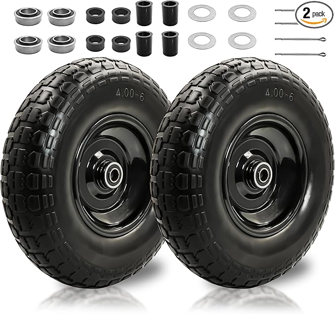 2PC 4.00-6 Flat-Free Tires and Wheels,13" Rubber Solid Tire, with 5/8" & 3/4" Bearing, 1.8"-5.8" Centered Hub Length, 4.00-6 tire and wheel Fit for Gorilla Cart, Garden Cart/Hand Truck/Wheelbarrowetc.