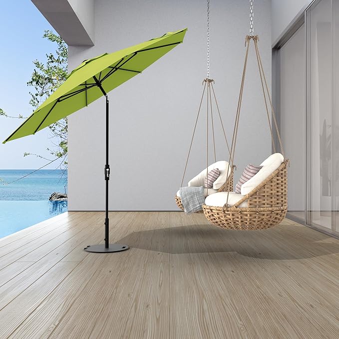 Midtown Umbrellas The Swilt 8 Feet Patio Umbrella in Sunbrella Macaw Acrylic Fabric - Fiberglass Ribs, Auto-Tilt Aluminum Frame For Backyard, Deck, Garden, Pool - White Pole