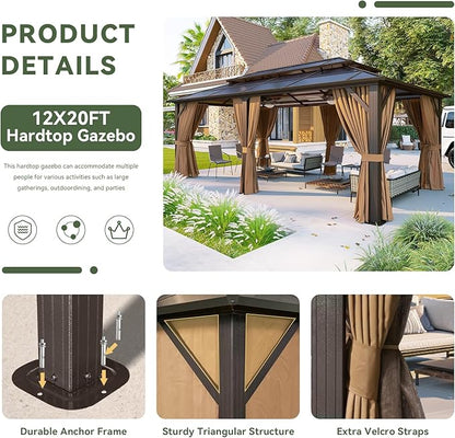 Aoxun 12'x20' Hardtop Gazebo, Aluminum Frame Permanent Pavilion with Curtains and Netting, Outdoor Polycarbonate Double Roof Canopy, Designed for Garden, Lawns, Patio