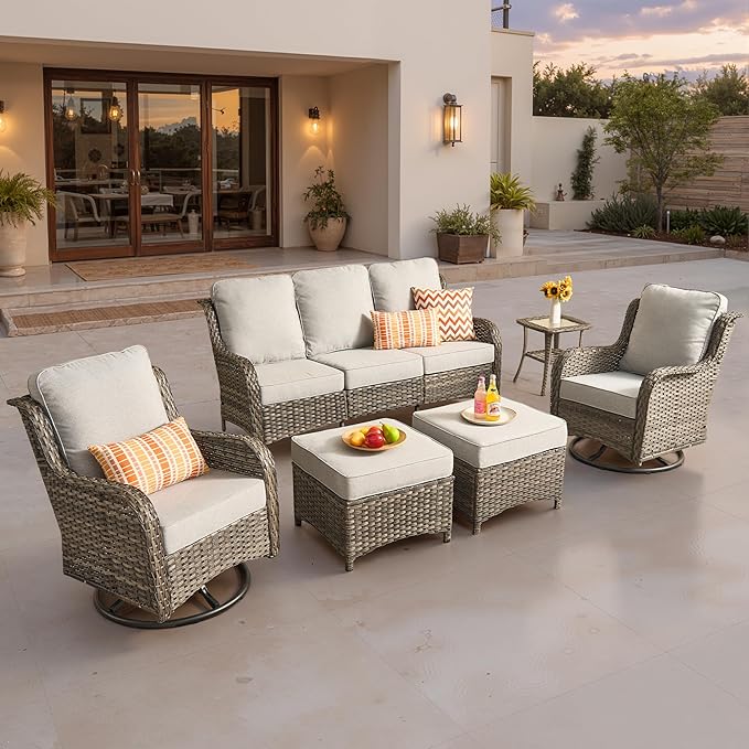 ovios 6 Pieces Patio Furniture Set, Outdoor Wicker Sofa Couch with Swivel Chairs Ottomans Comfy Cushions, High Back All Weather Modern Conversation Sets, Grey Rattan, Grey