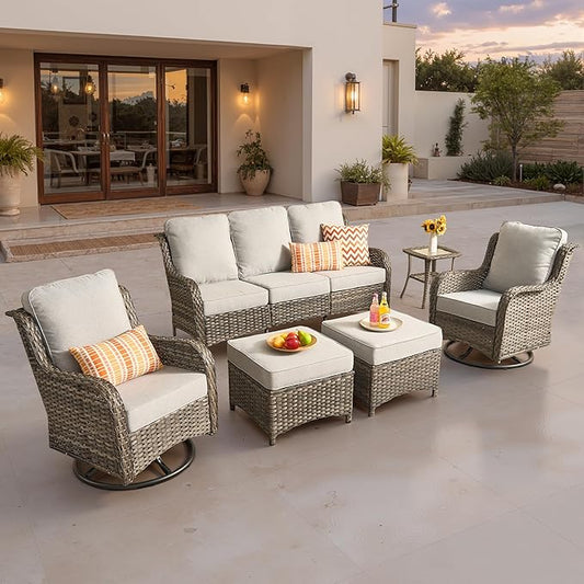 ovios 6 Pieces Patio Furniture Set, Outdoor Wicker Sofa Couch with Swivel Chairs Ottomans Comfy Cushions, High Back All Weather Modern Conversation Sets, Grey Rattan, Grey
