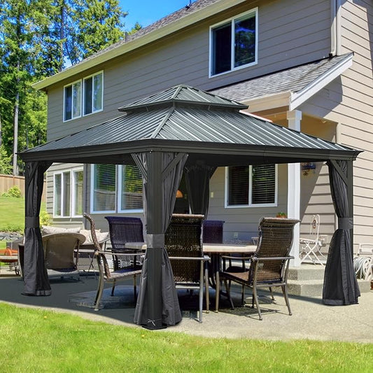 Domi 12' X 12' Hardtop Gazebo Outdoor Metal Gazebo with Galvanized Steel Double Roof Canopy, Aluminum Frame, Curtains and Netting for Patio, Deck, Garden, Grey