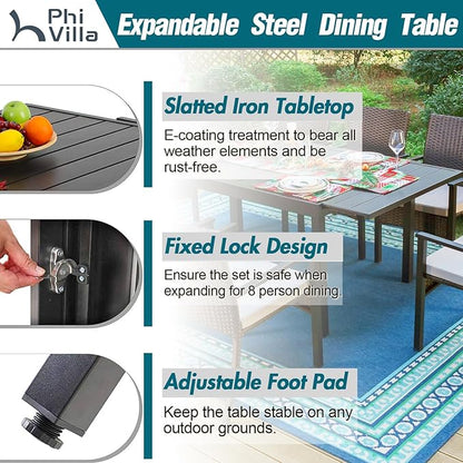 PHI VILLA 9 Piece Outdoor Dining Set for 8, Expandable Metal Dining Table & Cushioned Rattan Chairs for Patio, Deck, Yard
