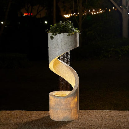 Glitzhome Decorative Tiered Outdoor Water Fountain with LED Light Vintage Curved Waterfall Fountain with Stone Planter Rustic Faux Terrazzo Spiral Shaped Fountains for Garden Patio Deck Porch, 40.25”H