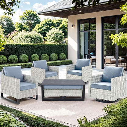 Wicker Patio Furniture Set：7 Piece Outdoor Patio Furniture Set with 2 Swivel Patio Chairs 2 Single Chairs a Coffee Table and 2 Ottomans, Light Grey Wicker/Light Blue Cushion