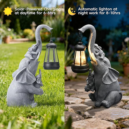 Solar Elephant Garden Lantern Statue Decor - Blessing Guardian, Auto On/Off Weatherproof Resin for Patio, Safari Theme & Good Luck