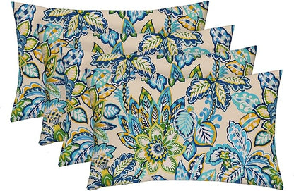 RSH DECOR: Lumbar Throw Pillows Set of 4 | 20” x 12" | All-Weather Spun Fabric | Water and Fade-Resistant | Outdoor Support Pillows for Patio Furniture | Copeland Caribe Blue Floral