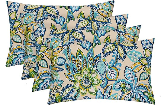 RSH DECOR: Lumbar Throw Pillows Set of 4 | 20” x 12" | All-Weather Spun Fabric | Water and Fade-Resistant | Outdoor Support Pillows for Patio Furniture | Copeland Caribe Blue Floral