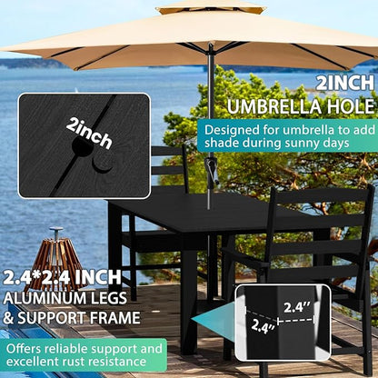 LOUNZY 9 Pieces Patio Dining Sets,Outdoor HDPE Furniture Set for 8 w/ 2" Hole Cut-Out Dining Table with 8 Patio Chairs(2 W/Armrest, 6 w/o Armrest),Black