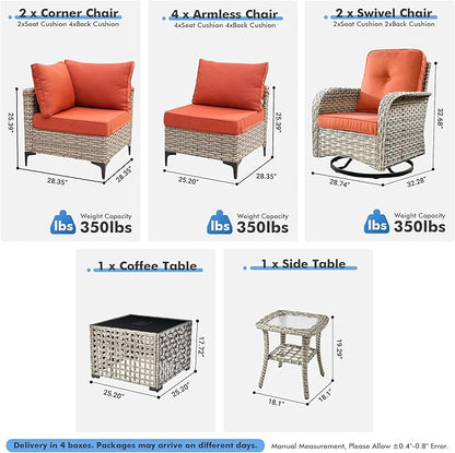 Outdoor Sectional Patio Furniture Set with Swivel Rocking Chairs,10 Pieces Wicker Conversation Sets L Shaped Couch Out Door Sofa Set Outside Furniture for Garden Deck Yard Porch,Red
