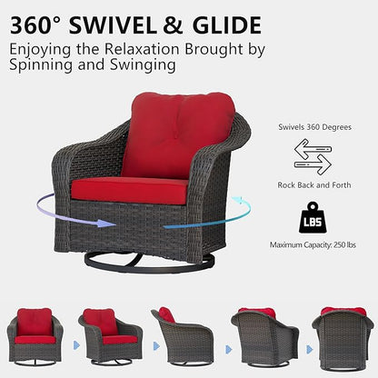 Wicker Swivel Rocking Chairs Set 2 with Storage Side Table - Outdoor Brown Wicker Swivel Glider Chair Outdoor Rocking Chair with Water-Resistant Cushions, Red