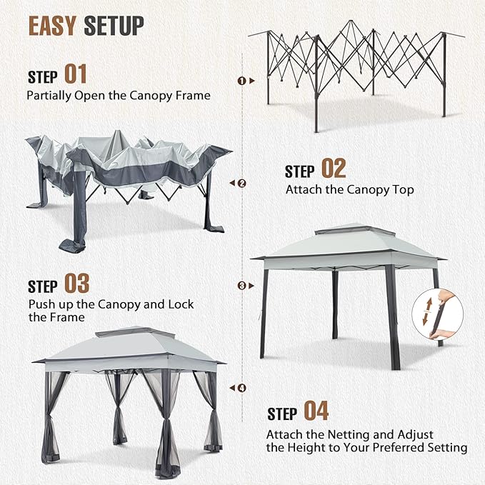 11x11 Outdoor Pop up Gazebo Tent with Mesh Walls for Patio, Lawn, Backyard and Deck, Gray