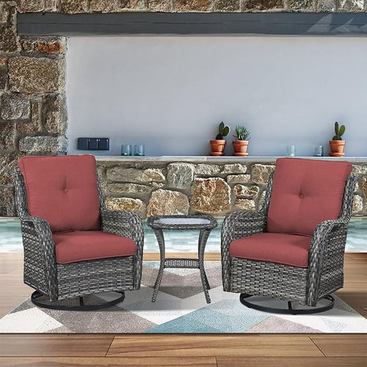 Luxury Wicker Swivel Patio Chairs Set of 3, Outdoor Swivel Rocking Chairs with Side Table, Outdoor Bistro Set for Patio, Porch, Yard, Deck, Poolside, Grey/Red