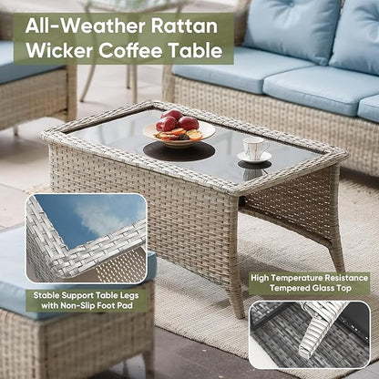 Wicker Outdoor Conversation Set-6 Pieces Outdoor Wicker High Back Couch with Swivel Rocker Chairs Patio Furniture for Deck Poolside Backyard-Light Grey/Blue