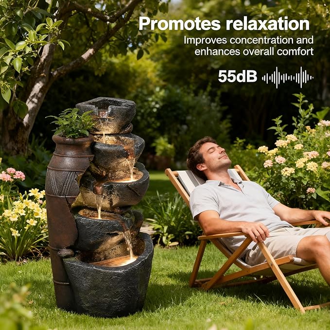 5-Tiers Cascading Rock Jar Water Fountain Outdoor, 31.7" H Outside Fountains and Waterfalls with 4 LED Lights for Patio, Deck, Porch, Backyard and Home Art Docor