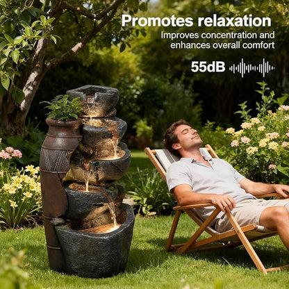 5-Tiers Cascading Rock Jar Water Fountain Outdoor, 31.7" H Outside Fountains and Waterfalls with 4 LED Lights for Patio, Deck, Porch, Backyard and Home Art Docor