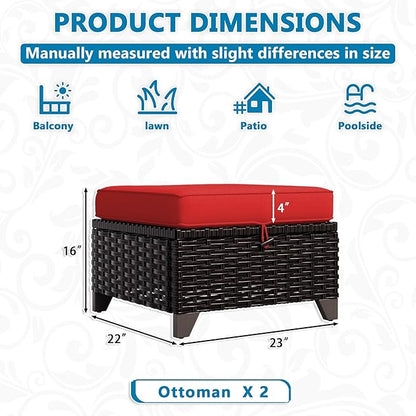 Vista Vibe 2 Pieces Patio Wicker Ottomans, Luxurious Footstools, Outdoor Small Footrest, Wicker Furniture with Removable Cushions,All-Weather PE Rattan, Garden, Backyard, Porch(Brown/Red)