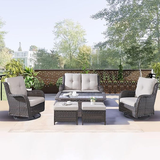 Rilyson 6 Piece Outdoor Patio Furniture Set - Rattan Wicker Patio Conversation Sets with 2 Swivel Rocker Chairs,2 Ottomans,1 Loveseat and 1 Coffee Table for Outside Porch Deck Backyard(Brown/Beige)