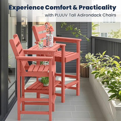 Tall Adirondack Chairs Set of 2, All Weather HDPE Poly Bar Height Balcony Adirondack Chair with Removable Double Connecting Trays, Outdoor Adirondack Barstools for Deck, Patio, Yard, Pool, Lawn