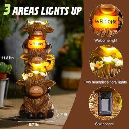 Christmas Highland Cow Statue Solar Outdoor Decor with Flower Decoration Funny Triple Highland Cow Decor Birthday Thanksgiving Gifts for Women Mom Highland Cows Figurine for Yard Garden Lawn Ornaments