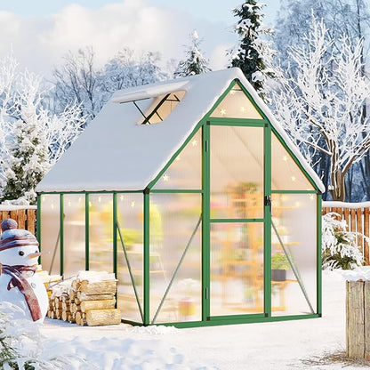 CABIHOME 6x7 FT Outdoor Greenhouse, Polycarbonate Greenhouse with Roof Vent and Ground Nails, Aluminum Large Walk-in Green House w/ Lockable Push Door for Outside Garden Backyard (Green, 6x7 FT)