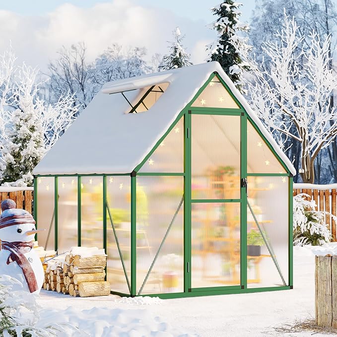 6x7 FT Outdoor Greenhouse, Polycarbonate Greenhouse with Roof Vent and Ground Nails, Aluminum Large Walk-in Green House w/ Lockable Push Door for Outside Garden Backyard (Green, 6x7 FT)