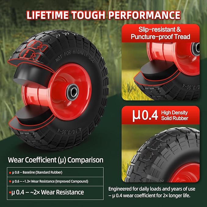 4.10/3.50-4 Tire and Wheel Flat Free,10-Inch Solid Wheel Replacement with 5/8 Bearings,2.2" Offset Hub -Compatible with Hand Truck,Wheelbarrow,Dolly(Red)