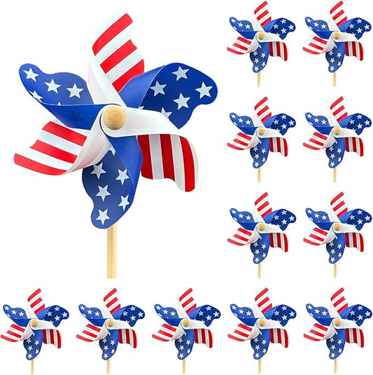 IiILittle 12 Pack Patriotic Pinwheels, No Assembly Required, American Flag Pinwheels, Wind Spinners for Yard for 4th of July Decor, Memorial Day Decor, Patriotic Outdoor Decor