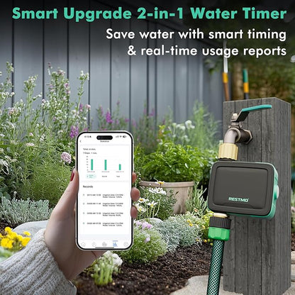 RESTMO Smart Sprinkler Timer with Flow Meter, Water Timer for Garden Hose, Brass Inlet & Outlet, Automatic Lawn & Yard Irrigation Watering System, APP Control (Bluetooth Connection, Not Include Hub)