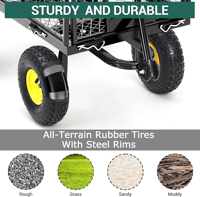Heavy Duty Garden Cart On Wheels - 550LBS Metal Wagon with 10" Pneumatic Wheels, 180° Rotating Handle & Removable Sides - All-Terrain Yard Wagon for Farm, Beach & Outdoor Use