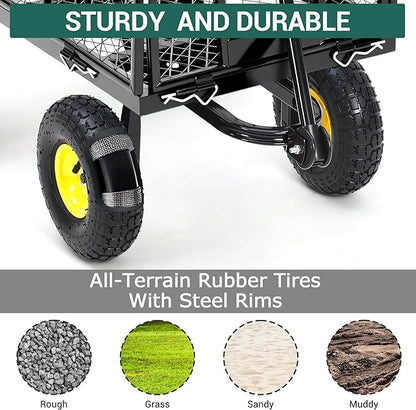 Heavy Duty Garden Cart On Wheels - 550LBS Metal Wagon with 10" Pneumatic Wheels, 180° Rotating Handle & Removable Sides - All-Terrain Yard Wagon for Farm, Beach & Outdoor Use