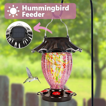 LUJII Solar Powered Hummingbird Feeder for Outside Hanging, Trophy Shaped Hand Blown Glass, Weatherproof, Lighted Lantern for Garden Decor, 32 fl.oz, Never Leak, Unique Gift for Bird Lover(Purple)