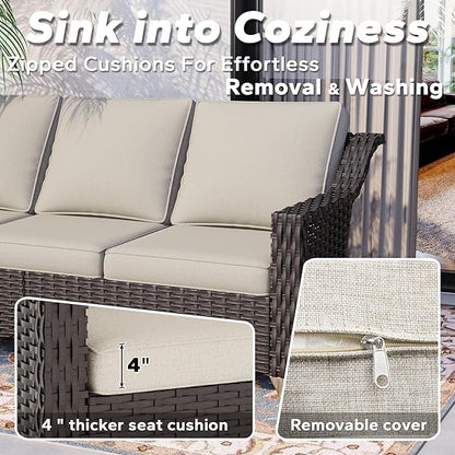 77'' Patio Sofa, All Weather Outdoor Rattan Wicker 3-Seat Sofa High Back Couch with Premium Cushions for Garden Backyard Porch(Brown/Beige)