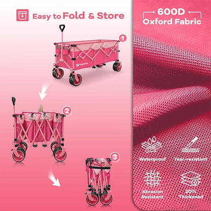 48" L Collapsible Wagon Cart Foldable, 560lbs Weight Capacity 300L Heavy Duty Folding Beach Wagons with Big All-Terrain Wheels, Utility Carts for Groceries, Shopping, Camping, Sports - Pink
