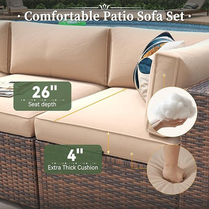 Aoxun 6 Piece Patio Furniture Set with Wide Armrests Wicker Rattan Outdoor Sectional Sofa Set with Coffee Table and Thickened Cushions, Brown/Beige(Waterproof Cover Included)