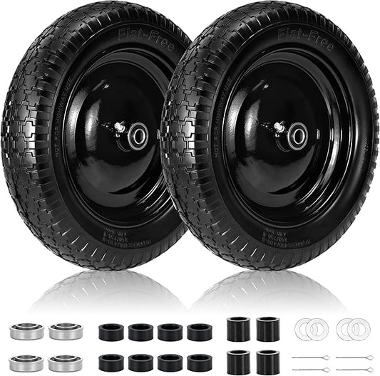 2 PCS 4.80/4.00-8 Flat Free Tire and Wheel, 14.5 Solid Wheelbarrow Tires, 5/8" 3/4" Bearings，3"-7" Centered Hub for Hand Truck, Garden Cart, Universal Fit 4.80/4.00-8, 3.50/3.00-8 4.00-6 etc