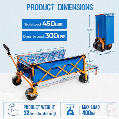 Old Bahama Bay Extra Large Heavy-Duty Beach Wagon - 55.11" x 26.38" Foldable Utility Cart with 400 lbs Capacity, Compact Fold Design, Ideal for Beach, Camping, Groceries, and Outdoor Adventures