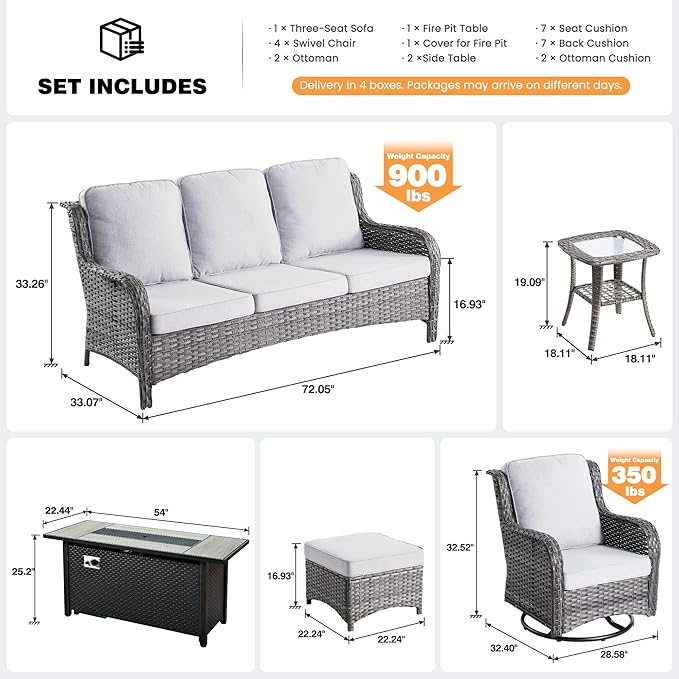 ovios 10 Pieces Patio Furniture Set, Outdoor Wicker Sofa Couch with Swivel Chairs 54" Fire Pit Table, High Back All Weather Modern Conversation Sets, Grey Rattan, Grey