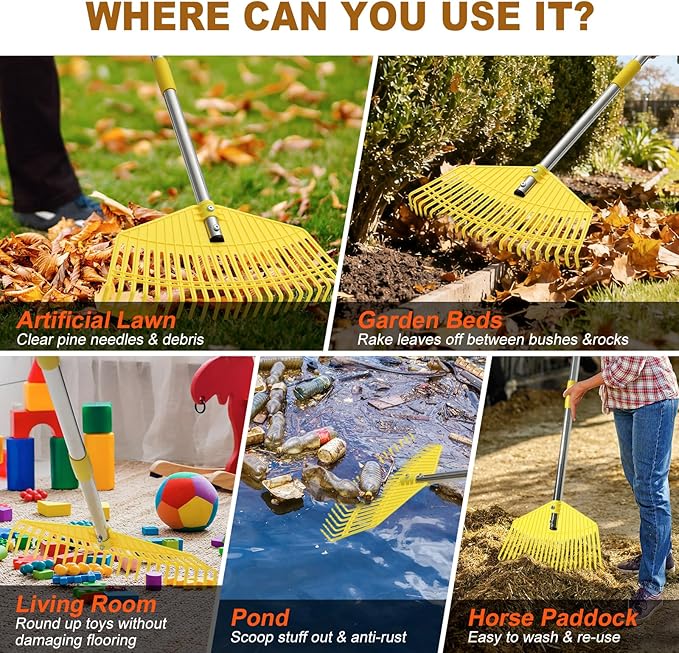 Garden Rake for Leaves - Extra Wide 18" Leaf Rake,Lightweight Long Handle for Women Seniors Kids Effortless Clean-Up,23 Non-Clog Flexible Tines for Lawn-Friendly,65” Adjustable Plastic Rakes for Yard