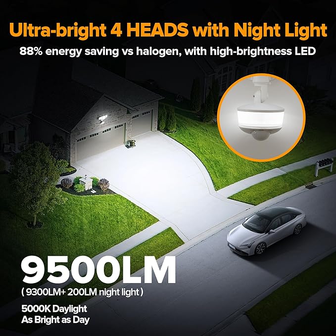 LUTEC 84W 9500LM LED Security Light Motion Sensor Outdoor Lights with Night Light, 4 Head LED Flood Lights 5000K Daylight, IP65 Waterproof, Motion Detected Lights for Outside (White)