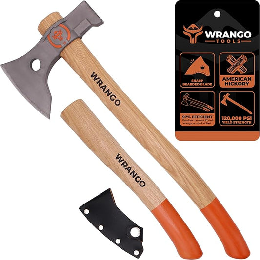 Titanium Camping Axe - 18" & 11.5" Wood Hickory Handles - Tomahawk Axe Hammer End - 2-Piece Slip-Fit Design - Includes Blade Sheath and 2 Handles - Survival Axe