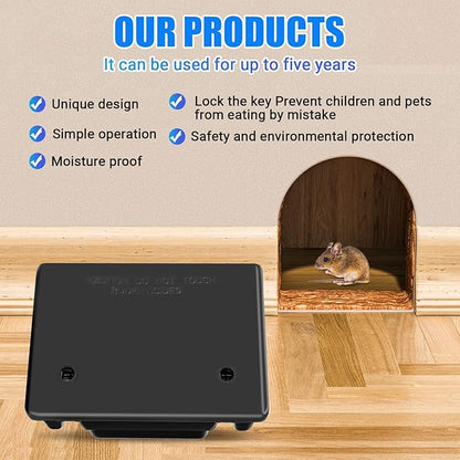 Qualirey 4 Pack Rat Bait Stations Large Rodent with Key Reusable Mouse Stations Mice Blocks Heavy Duty Boxes for Outdoor Rodents Mice Blocks, Bait Not Included, Black (9.8 x 7.5 x 3.9 Inches)