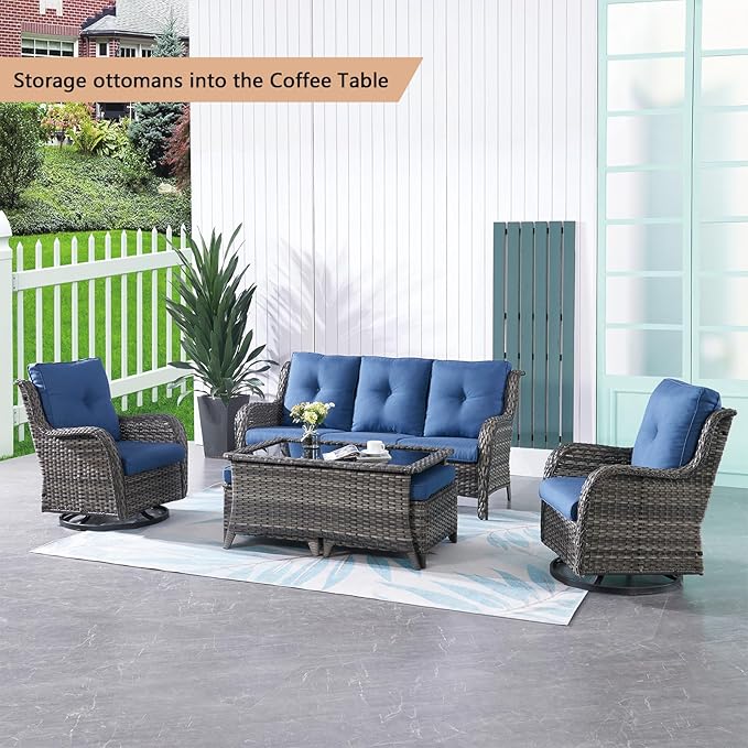 Rilyson 6 Piece Outdoor Patio Furniture Set - Rattan Wicker Patio Conversation Sets with 2 Swivel Rocker Chairs,2 Ottomans,1 Sofa and 1 Coffee Table for Outside Porch Deck Yard (Mixed Grey/Blue)