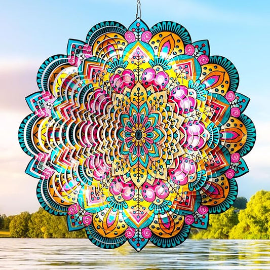 Wind Spinners Outdoor Mandala Lucky Star,Laser Cut Metal Kinetic Art Wind Spinner Gift for Christmas,12In Stainless Steel Hanging Yard&Garden 3D Wind Sculpture Decorations Indoor Spinners