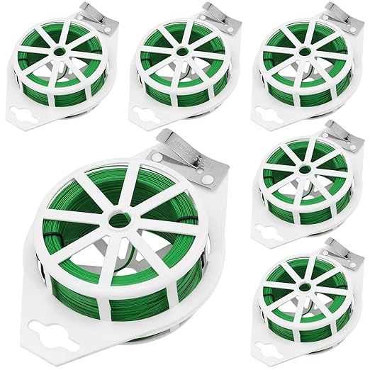 JEUIHAU 6 Reels 328 Ft Green Plant Twist Ties, Green Floral Wire,Plastic Coated Metal Wire Twist Ties with Cutter, Flexible Gardening Wires for Flowers, Vines, and Climbing Plants Suppor