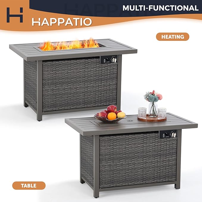 Fire Pit Table, HAPPATIO 42inch 50000 BTU Propane Fire Pit with Mental Fence Table Top, Lid, Black Glass Rock, CSA Safety Certified for Patio Balcony Backyard (Gray)
