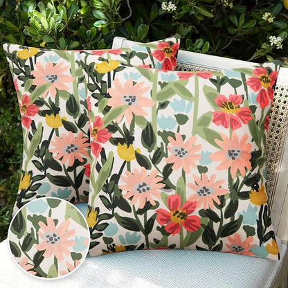 Pyonic Outdoor Pillows Cover Pack of 2 Floral Waterproof Throw Pillow Covers 16X16 inch Outdoor Pillows for Patio Furniture Garden Square Outside Waterproof Pillow